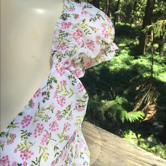 J. Crew pink floral on white chiffon  corset peasant top rose  puff sleeve - Picture 4 of 9